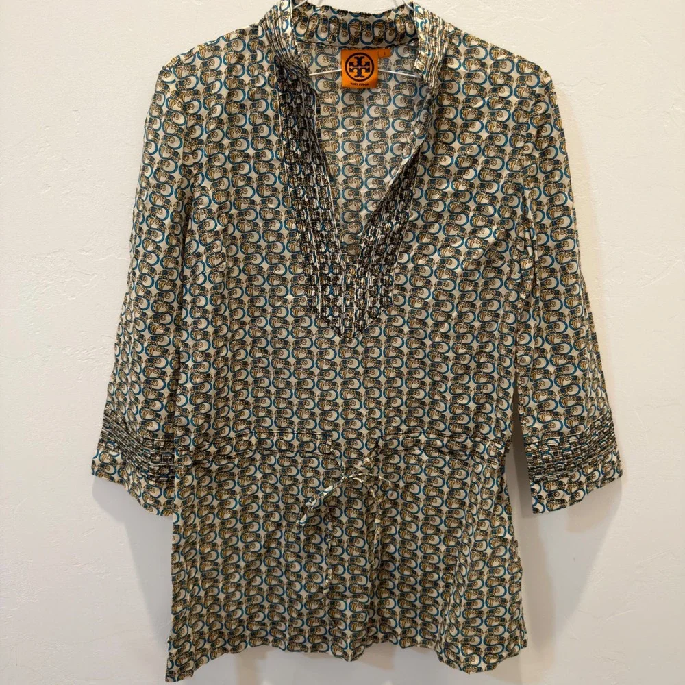 Tory Burch Elephant Print Cotton Tunic Top Blue Tan Drawstring Waist Size 2